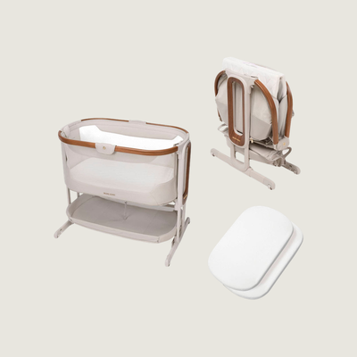 Maxi-Cosi Iora Pro co-sleeper vooraanzicht met matras en opbergmand